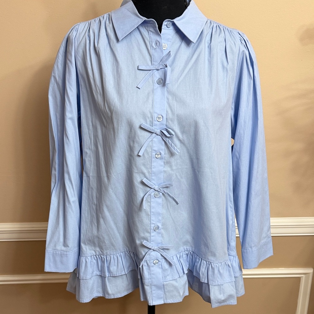 Light Blue Women's Top with Bow Accents - Picture 3 of 9